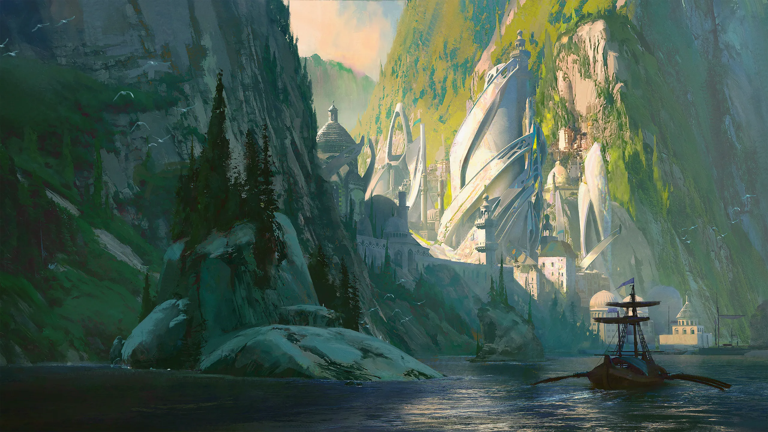 A ship departs from a city built by high elves