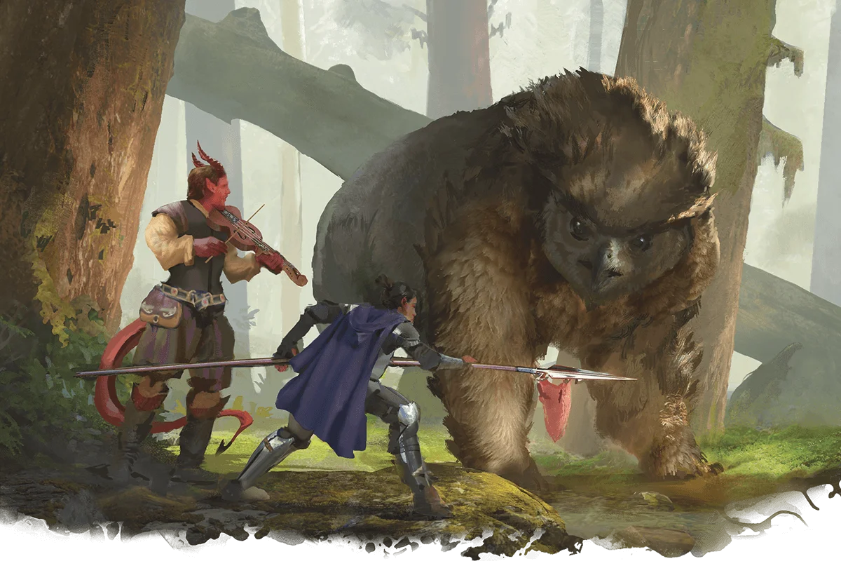 Adventurers offer meat to an owlbear.